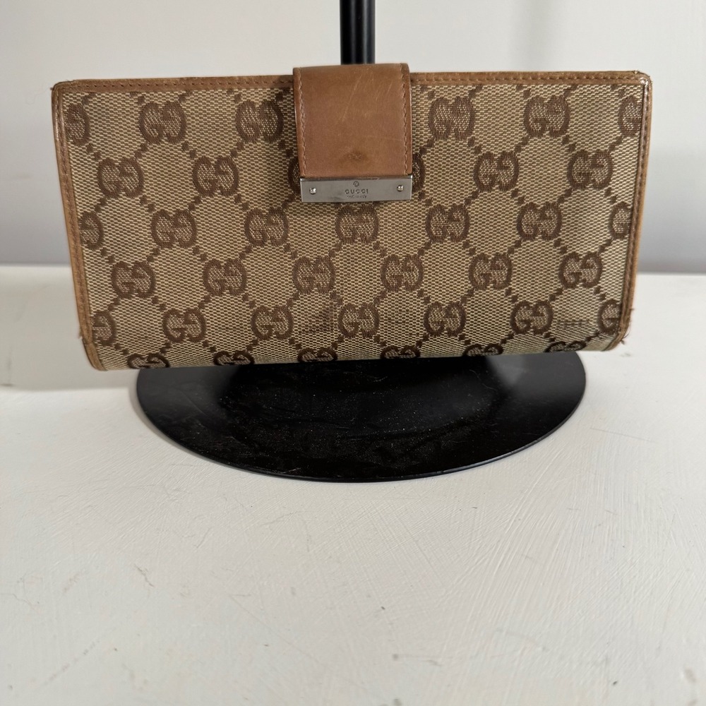 Gucci GG Monogram Canvas Leather Trim Wallet Made in Italy Brown Beige